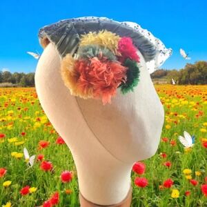 Vintage Women's 40s Net Tilt Topper Hat Green Pink‎ Yellow Pom Poms